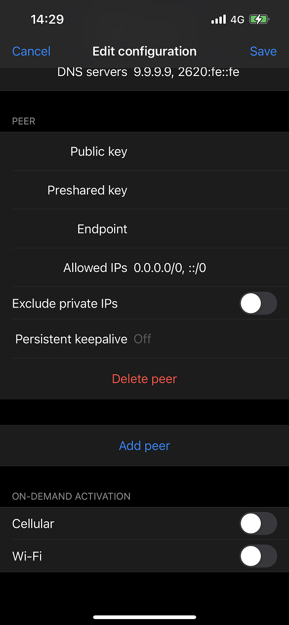 WireGuard for iOS, peer configuration.