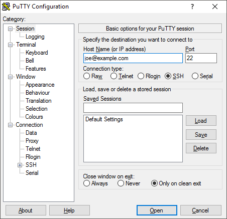 PuTTY (main configuration).